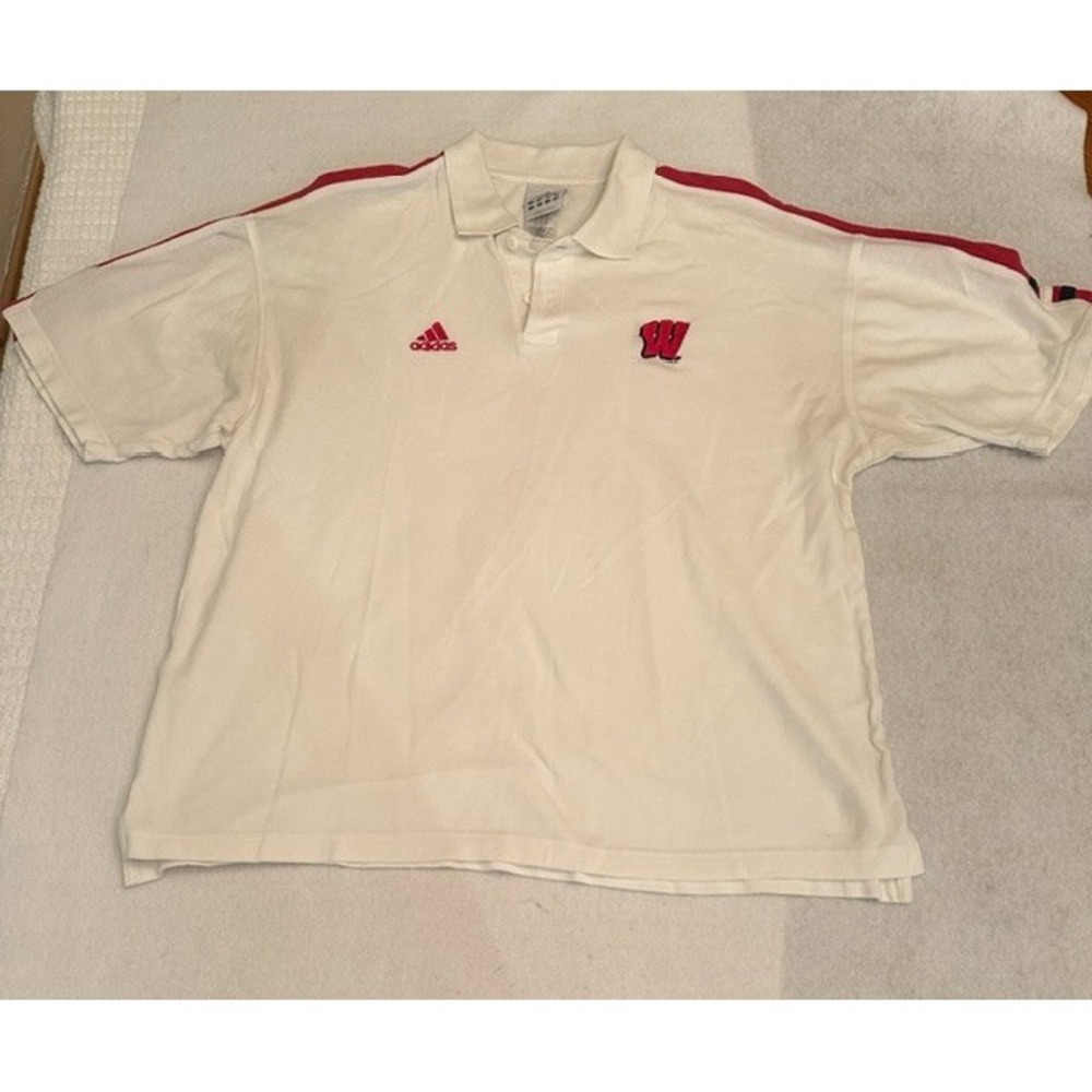 Vintage Adidas Wisconsin Polo Shirt Mens L White Red Badgers 3 Stripe Golf Y2K